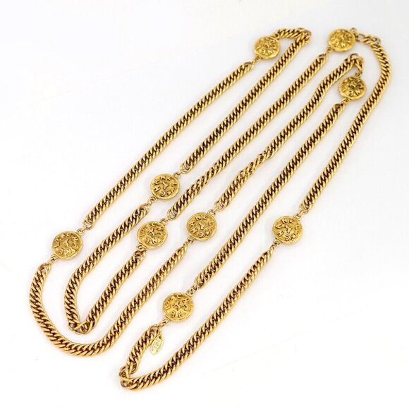 CHANEL CC Logos Coin Charm Long Necklace 67" Gold Tone Auth - Picture 5 of 6